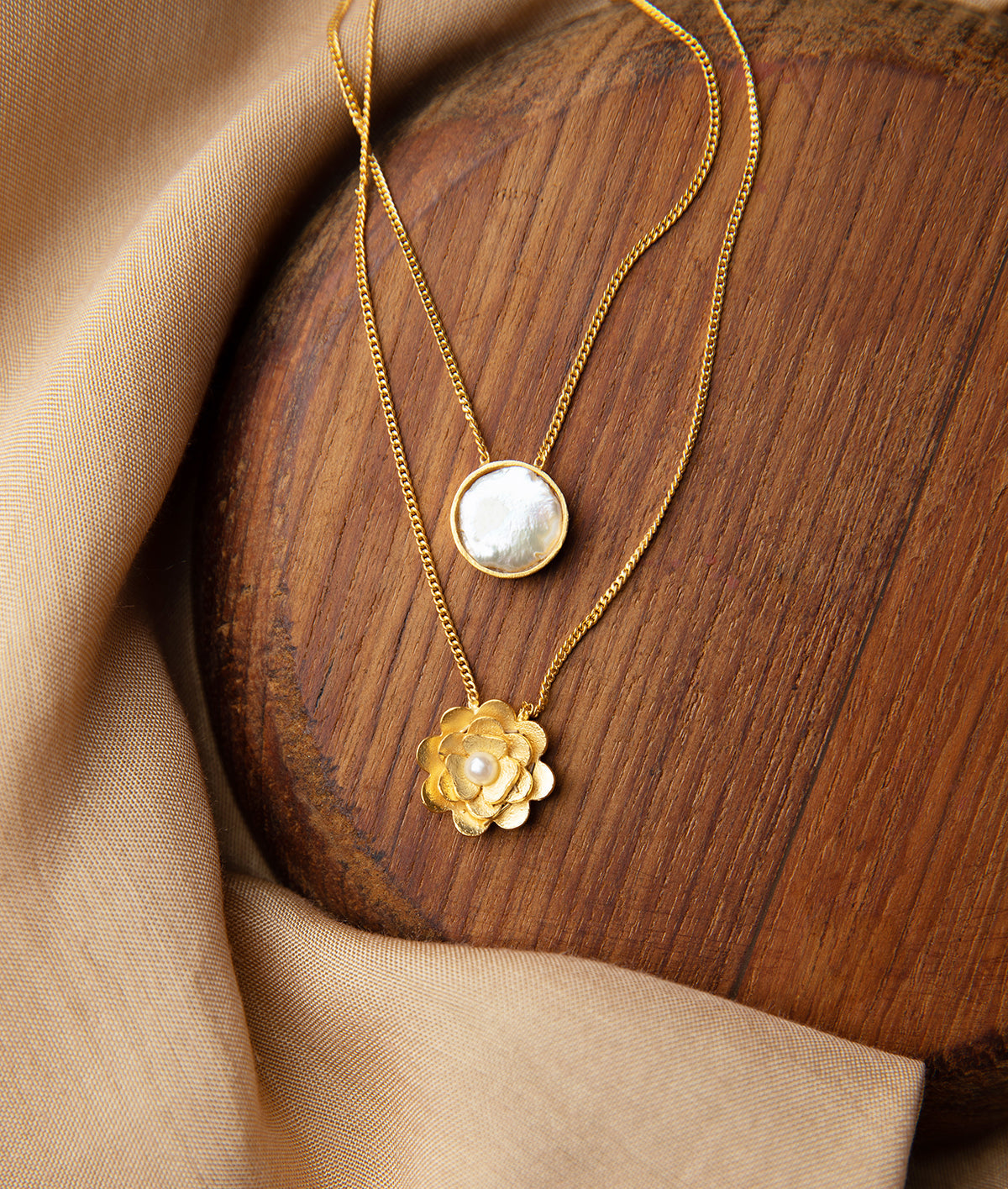 Dalia Layered 22K Gold-plating Matte Necklace With Freshwater Pearls and A Flower Motif - ZEWAR Jewelry
