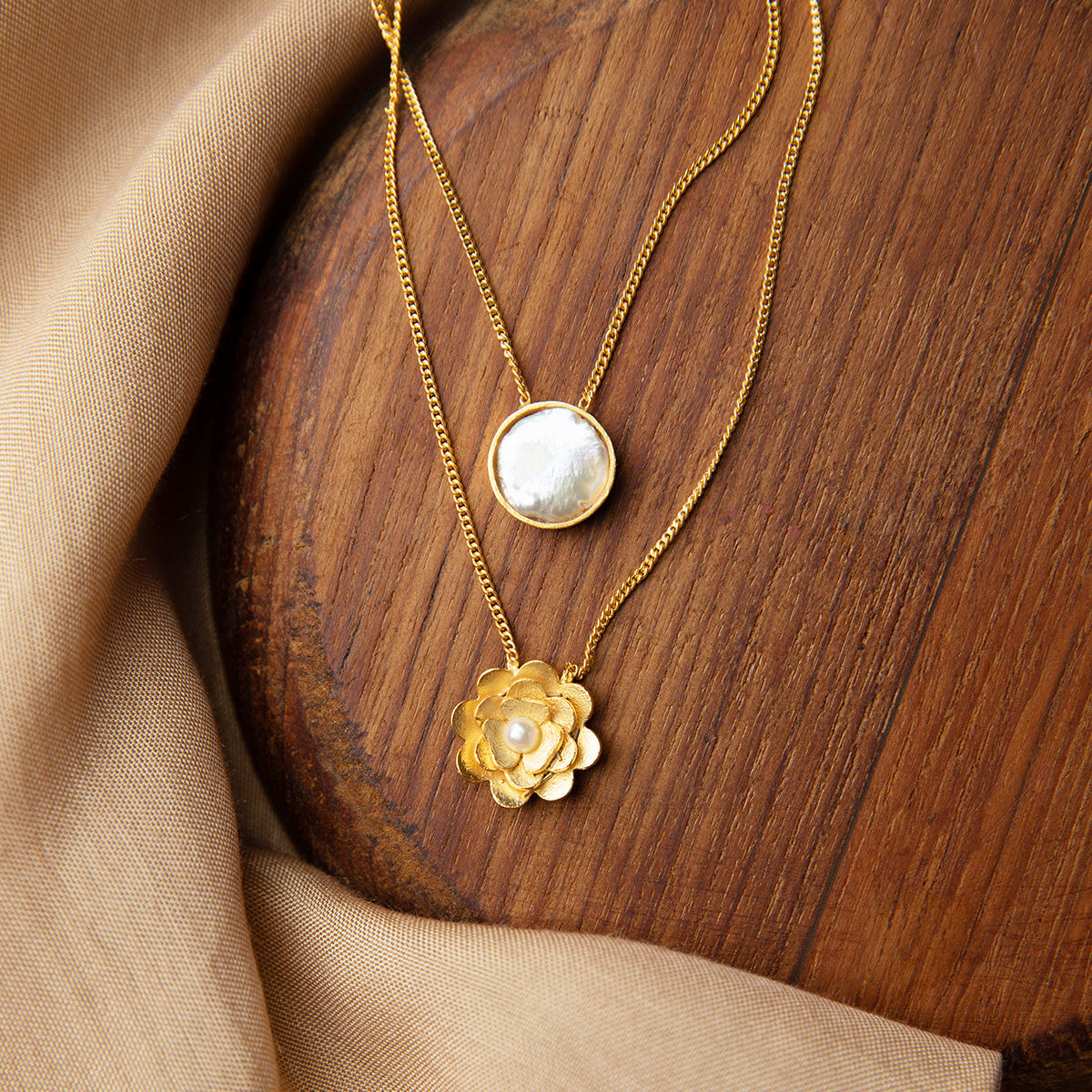 Dalia Layered 22K Gold-plating Matte Necklace With Freshwater Pearls and A Flower Motif - ZEWAR Jewelry